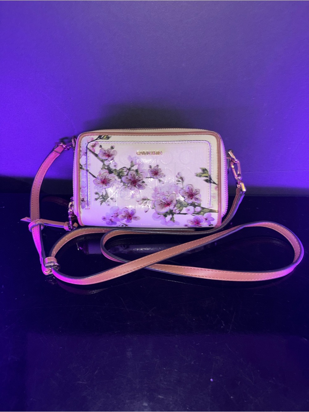 Calvin Klein White Floral Cherry Blossom CK Monogram Double Zip Crossbody Purse